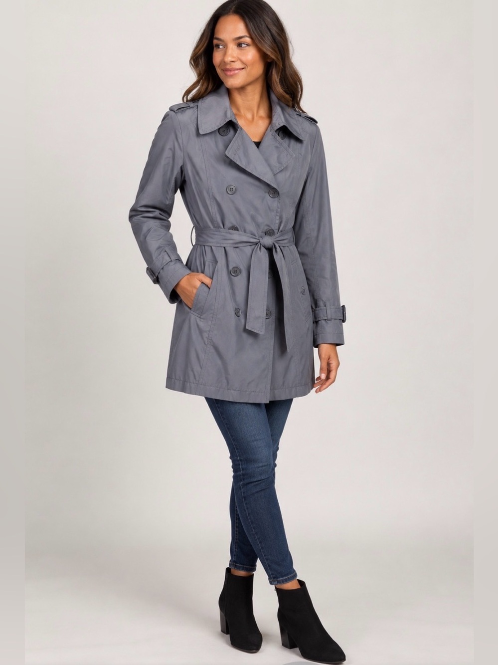 DKNY Gray Double Breasted Belted Trench Coat M winter Fall Workwear Classic